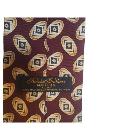 Brooks Brothers Makers Mens Tie Necktie Designer Luxury Burgundy Tan Geometric - Picture 10 of 10